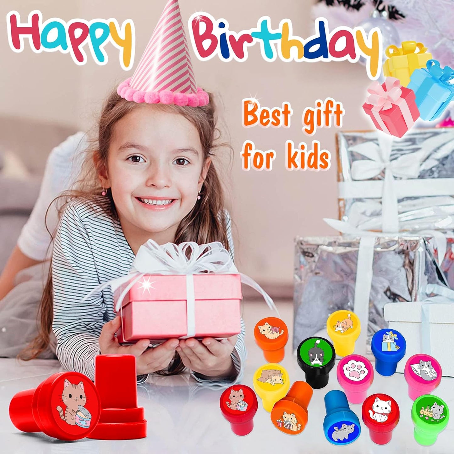Cat Themed Stamps for Kids, Themed Cute Cat Birthday Party Favors Decorations Supplies 12PCS Cat Self-Inking Stampers Classroom Gifts Cute for Boys Girls Rewards Birthday Party Gifts Ideals Prizes