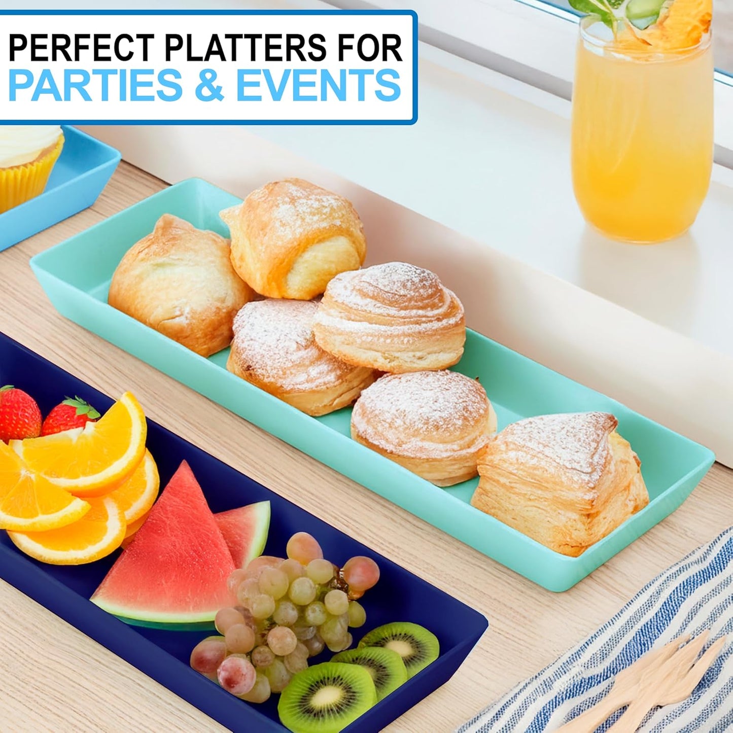 US Acrylic White Plastic Serving Trays (Set of 4) 15” x 10” | Large Unbreakable Reusable Rectangular Party Platters | Serve Appetizers, Fruit, Veggies, & Desserts | BPA-Free & Made in USA