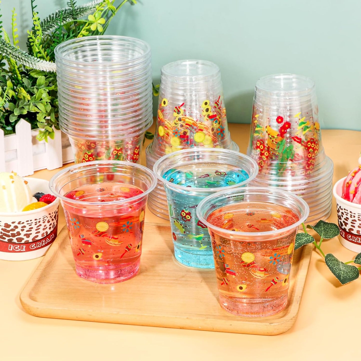 50 Pack Mexican Fiesta Cups 14 oz Clear Plastic Disposable Mug Bulk Cinco De Mayo Party Supplies for Fiesta Taco Birthday Party Decorations