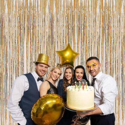i-CHONY 2 Pcs 3.2ft x 8.2ft Champagne Gold Metallic Tinsel Foil Fringe Curtains Photo Booth Backdrop for Baby Shower Birthday Wedding Holiday Celebration Bachelorette Party Decorations