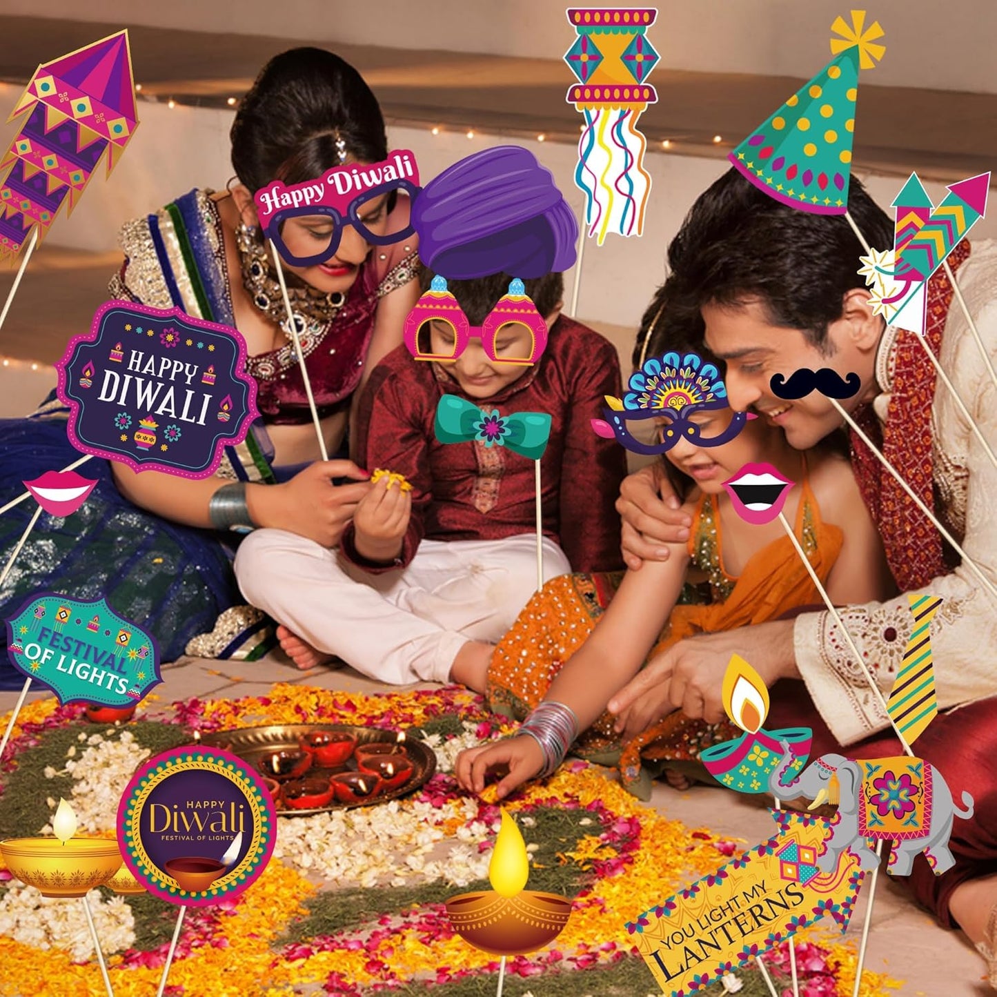 KYMY Happy Diwali Party Photo Booth Props Set, 1pc Deepavali Rangoli Selfie Frame with 20pcs Photo Booth Props, India Festival of Lights Party Favors for Hindu Diwali Themed Decorations Supplies