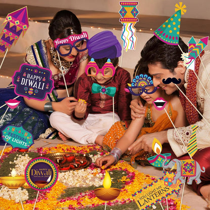 KYMY Happy Diwali Party Photo Booth Props Set, 1pc Deepavali Rangoli Selfie Frame with 20pcs Photo Booth Props, India Festival of Lights Party Favors for Hindu Diwali Themed Decorations Supplies
