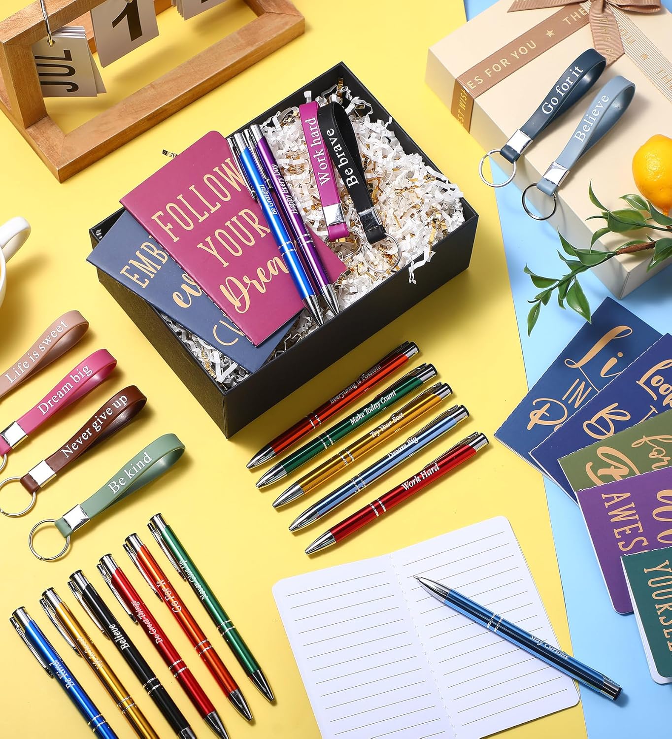 PerKoop 48 Pcs Inspirational Gifts Bulk Motivational Notepads Ballpoint Pens Keychains Set Modern Farmhouse Journal Notebooks Christian Gifts for Teachers School Office Party Favor Supplies