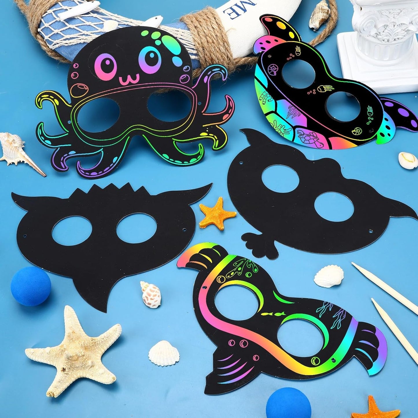 AUGSUN 30PCS Ocean Crafts, Colorful Ocean Animals Scratch Masks DIY Under The Sea Scratch Off Cards Magic Rainbow Scratch Art Summer Party Favors School Activities