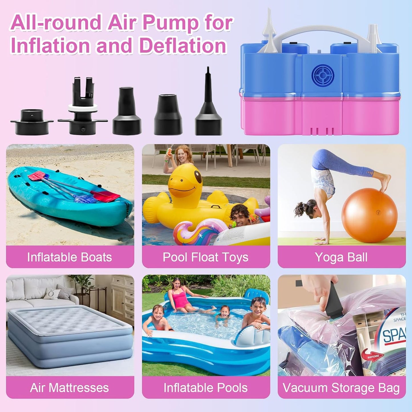 Electric Balloon Pump, Dagelar 3-in-1 Air Pump for Inflatables and Balloons, Portable Balloon Pump for Latex 260Q Long Foil Balloons, 110V Dual Nozzle Inflator Deflator for Pool Floats Air Beds (Teal)