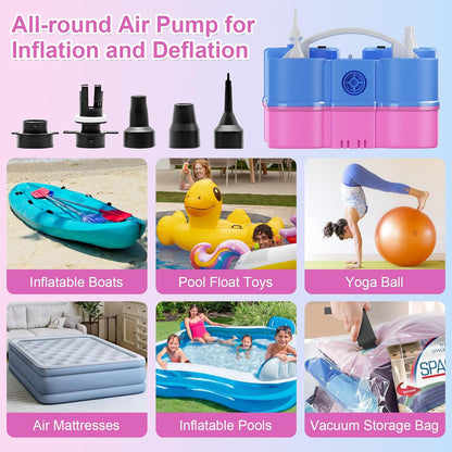 Electric Balloon Pump, Dagelar 3-in-1 Air Pump for Inflatables and Balloons, Portable Balloon Pump for Latex 260Q Long Foil Balloons, 110V Dual Nozzle Inflator Deflator for Pool Floats Air Beds (Teal)
