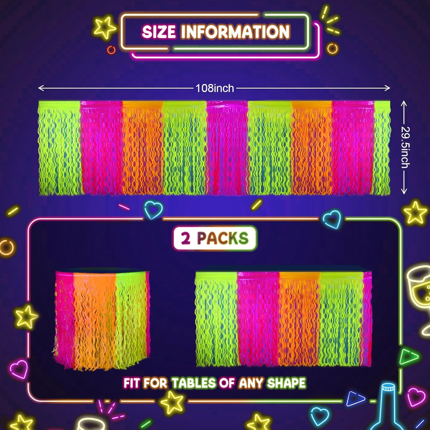 Mega-L Glow in The Dark Party Supplies, 2 Pack Neon Party Decorations Fluorescent Macaron Orange, Yellow and Fuchsia Wavy Metallic Tinsel Foil Fringe Table Skirts, Perfect Glow Birthday Party Decor