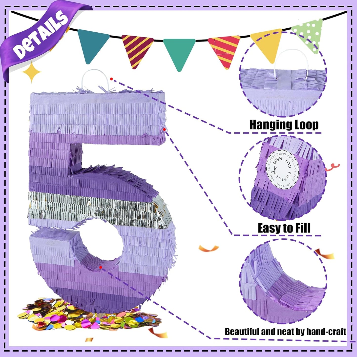 PCFING 20 Inch Number 1 Piñata Purple Silver with 30 Inch Piñata Stick Blindfold Confetti for Boy Girl Kids Birthday Party Decorations, Anniversary Celebration, Fiesta