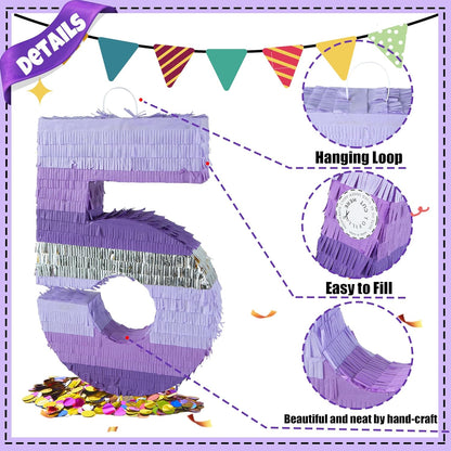PCFING 20 Inch Number 1 Piñata Purple Silver with 30 Inch Piñata Stick Blindfold Confetti for Boy Girl Kids Birthday Party Decorations, Anniversary Celebration, Fiesta