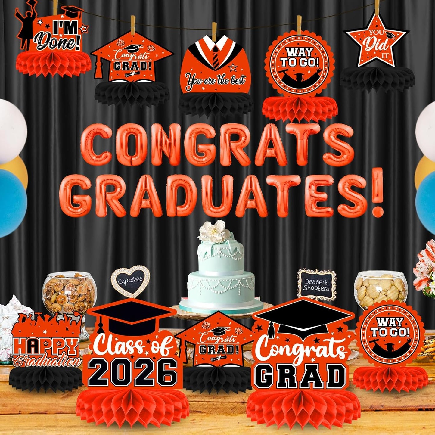 8 Pieces Class of 2026 Graduation Table Decorations - 2026 Congrats Grad Honeycomb Centerpieces, Red Black Graduation Table Toppers Decor for 2026 Graduation Party Decorations Favor Supplies