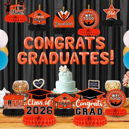 8 Pieces Class of 2026 Graduation Table Decorations - 2026 Congrats Grad Honeycomb Centerpieces, Red Black Graduation Table Toppers Decor for 2026 Graduation Party Decorations Favor Supplies
