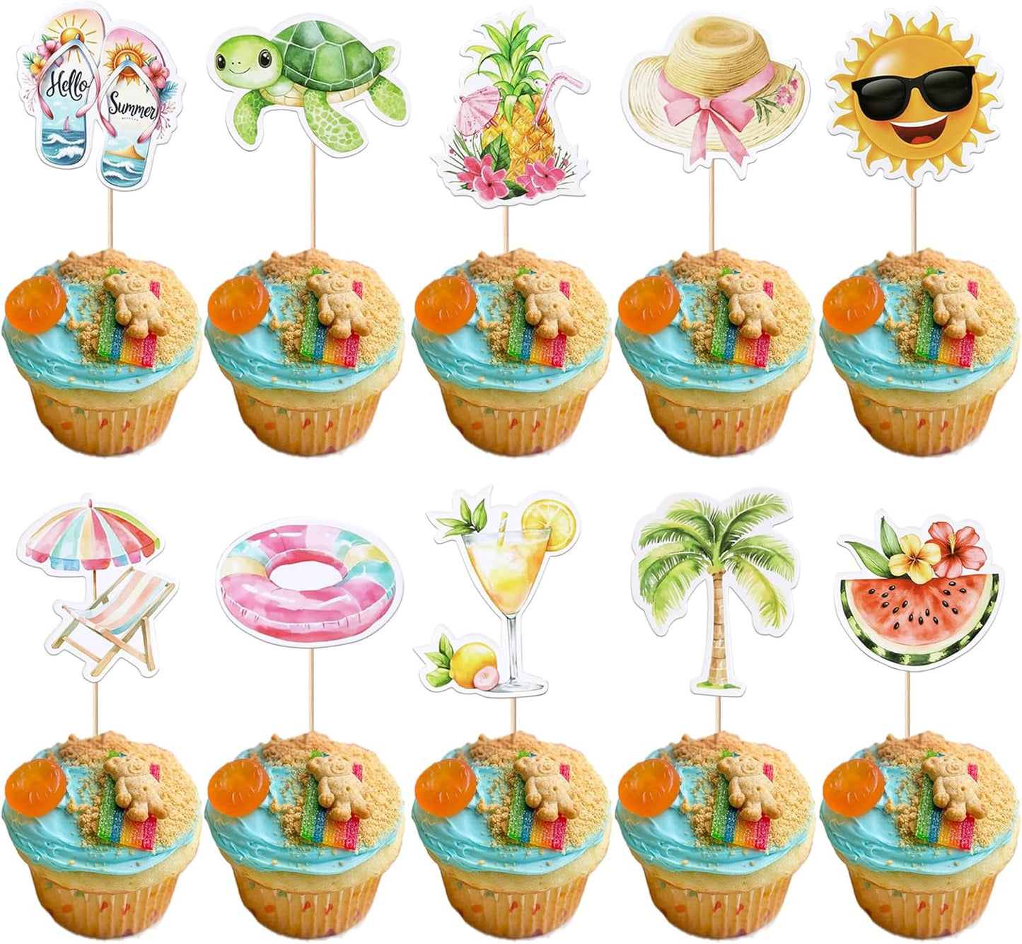 28 PCS Tropical Cupcake Toppers Glitter Leaf Pineapple Flower Palm Tree Flamingo Cupcake Picks Aloha Cake Decorations for Summer Hawaiian Luau Theme Baby Shower Birthday Wedding Party Supplies