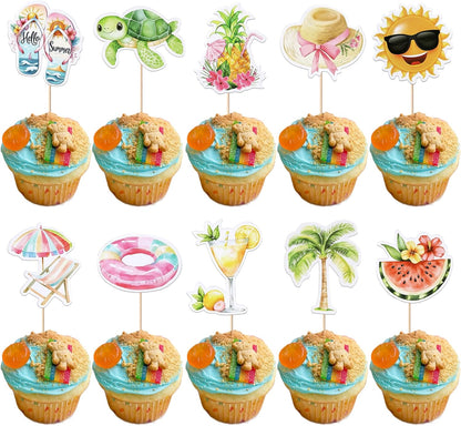 28 PCS Tropical Cupcake Toppers Glitter Leaf Pineapple Flower Palm Tree Flamingo Cupcake Picks Aloha Cake Decorations for Summer Hawaiian Luau Theme Baby Shower Birthday Wedding Party Supplies