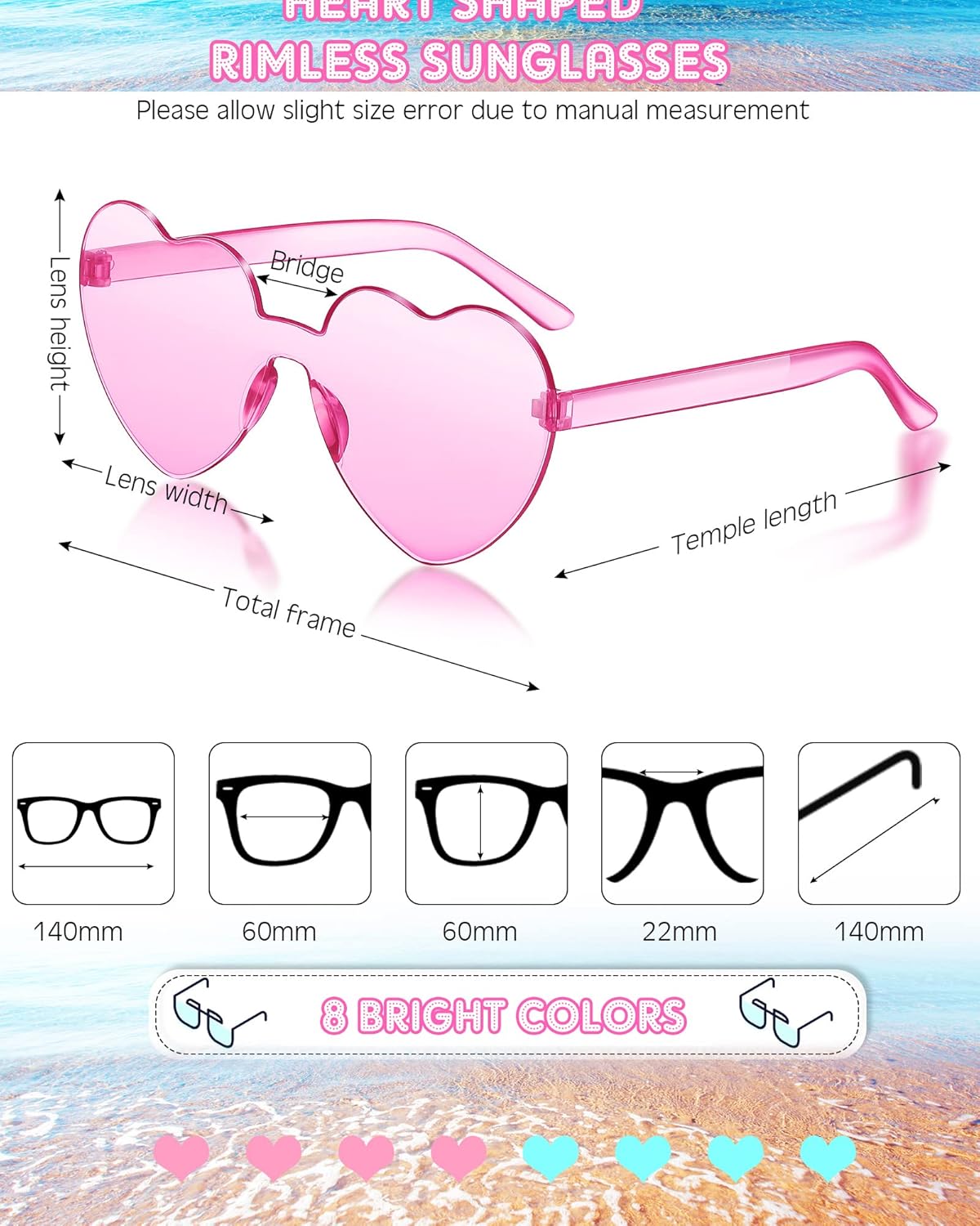 Frienda 8 Pairs Heart Shaped Sunglasses for Women Rimless Heart Glasses Candy Color Sunglasses for Party Favor