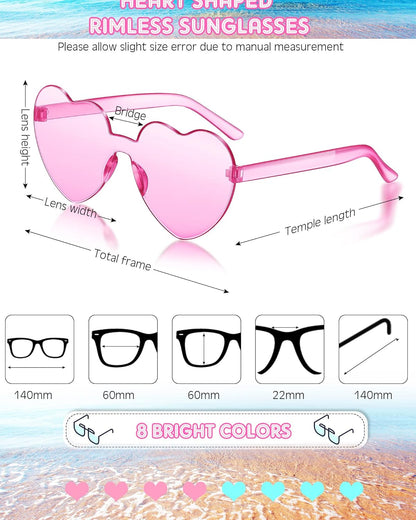 Frienda 8 Pairs Heart Shaped Sunglasses for Women Rimless Heart Glasses Candy Color Sunglasses for Party Favor