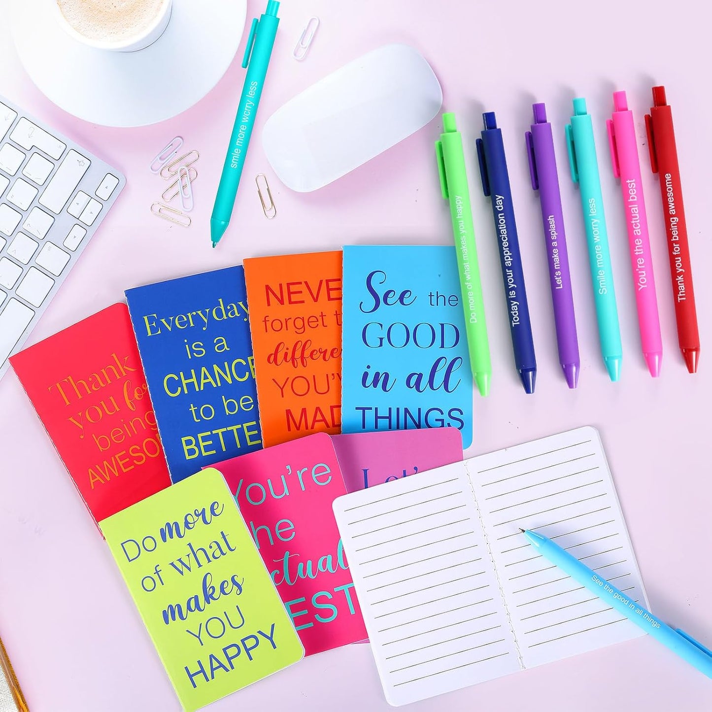 Funrous 32 Pcs Motivational Quote Pens Inspirational Notepads Mini Journal with Ballpoint Pen Small Notebooks Gift for Men Women Coworker Adult Party Favors Prize Teacher Student Office(Stylish)