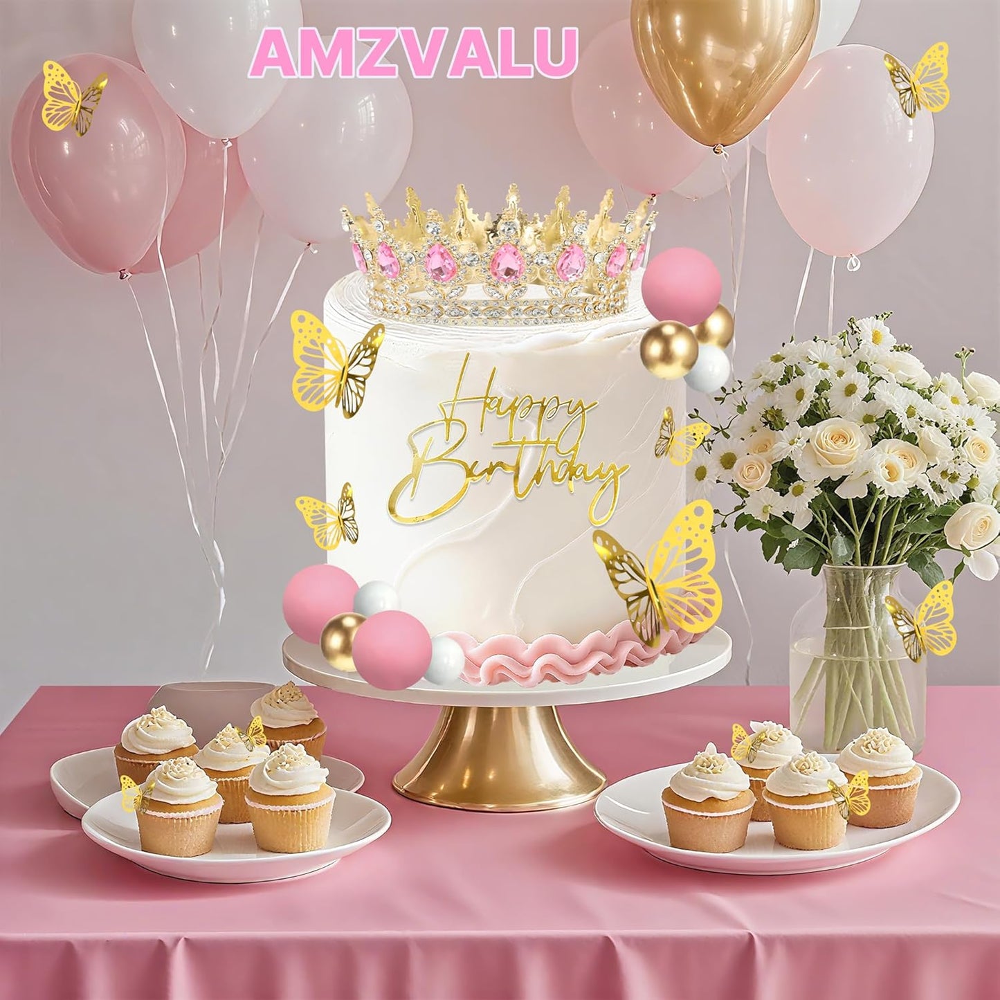 Crown Cake Topper, Balls Happy Birthday Cake Topper Pink Crown Birthday Candles Gold Butterflies, Corona Para Pastel, Cake Decorations for Birthday Wedding (Gold, Pink)