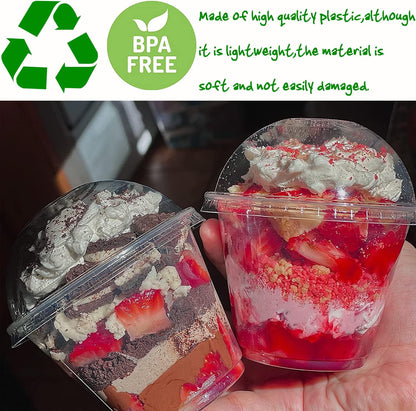 Alaeseje 50 Pack 8oz Disposable Clear Plastic Cups with Dome Lids(Hole in the Lid),PET Dessert Cups,Disposable Snack Bowls for Ice Cream,Cake,Fruit,Parfait, Pudding and Jello Shot