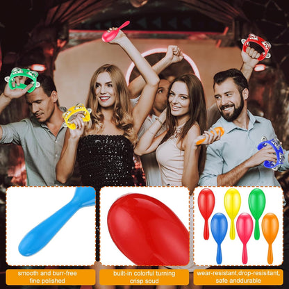 Libima 48 Pcs Shaker Musical Instruments Noise Makers Bulk Including 24 Percussion Tambourines Bell and 24 Mini Neon Maracas Shakers Handheld Tambourine Musical Rhythm Instruments Gift Party Favor