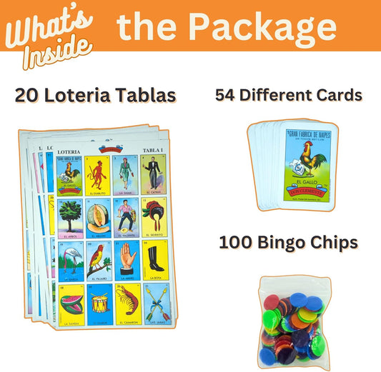 The Original Loteria Game Set, Loteria Mexican Bingo, Loteria Mexicana, La Loteria Cards and Bingo Chips Included - 20 Players