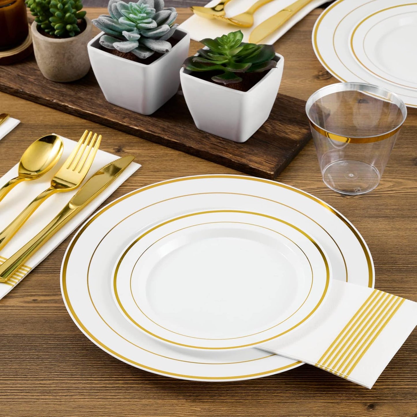 FOCUSLINE Silver Plastic Plates Set of 60, Disposable Plates with Silver Rim 30 Dinner Plates 10" and 30 Salad Dessert Appetizer Plate 7", Elegant Fancy Heavy Duty Wedding Party Plates