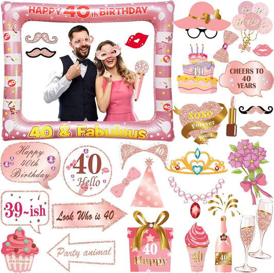 50th Brithday Decoration, 30PCS 50th Birthday Photo Booth Props, LMSHOWOWO Inflatable Photo Booth Frame, Rose Gold Inflatable Selfie Frame, Glitter Birthday Party Photo Props, for Women Birthday Gifts