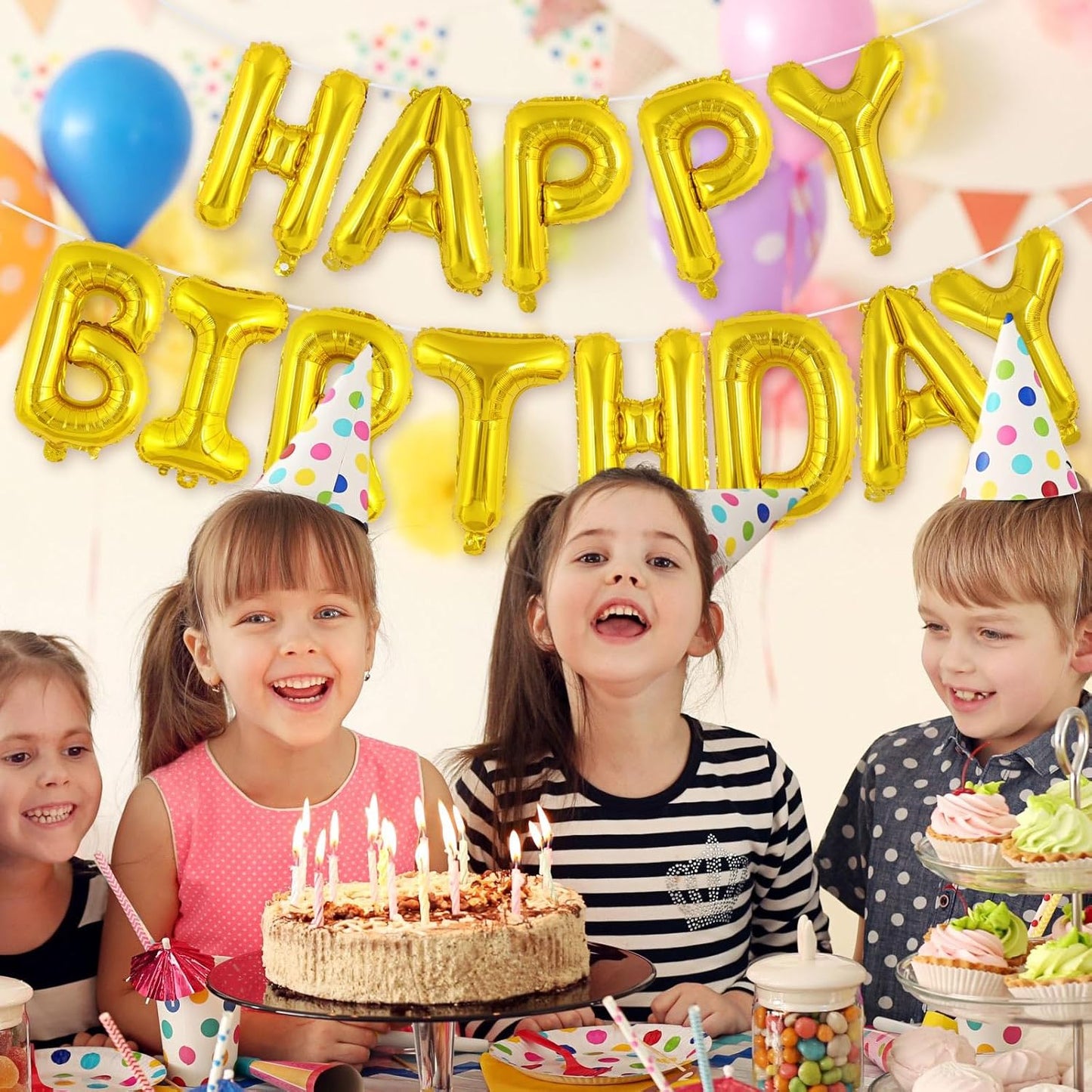 Happy Birthday Balloons Banner, Foil Balloon Personalized Name Letters Balloons Sign Birthday Party Decorations for Women Men Boys Girls Cream