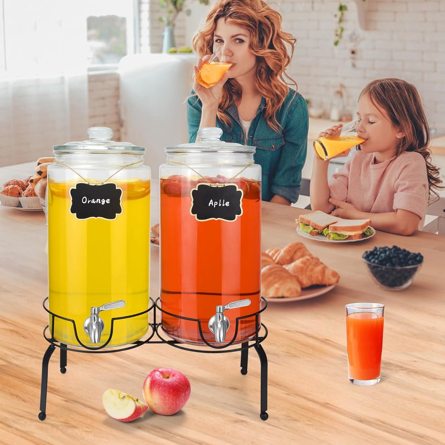 1 Gallon Beverage Dispenser 2 Pack, Stainless Steel Spigot Drink Dispenser for Parties with Stand, Clear Glass Drink Container Easy to Refill and Clean