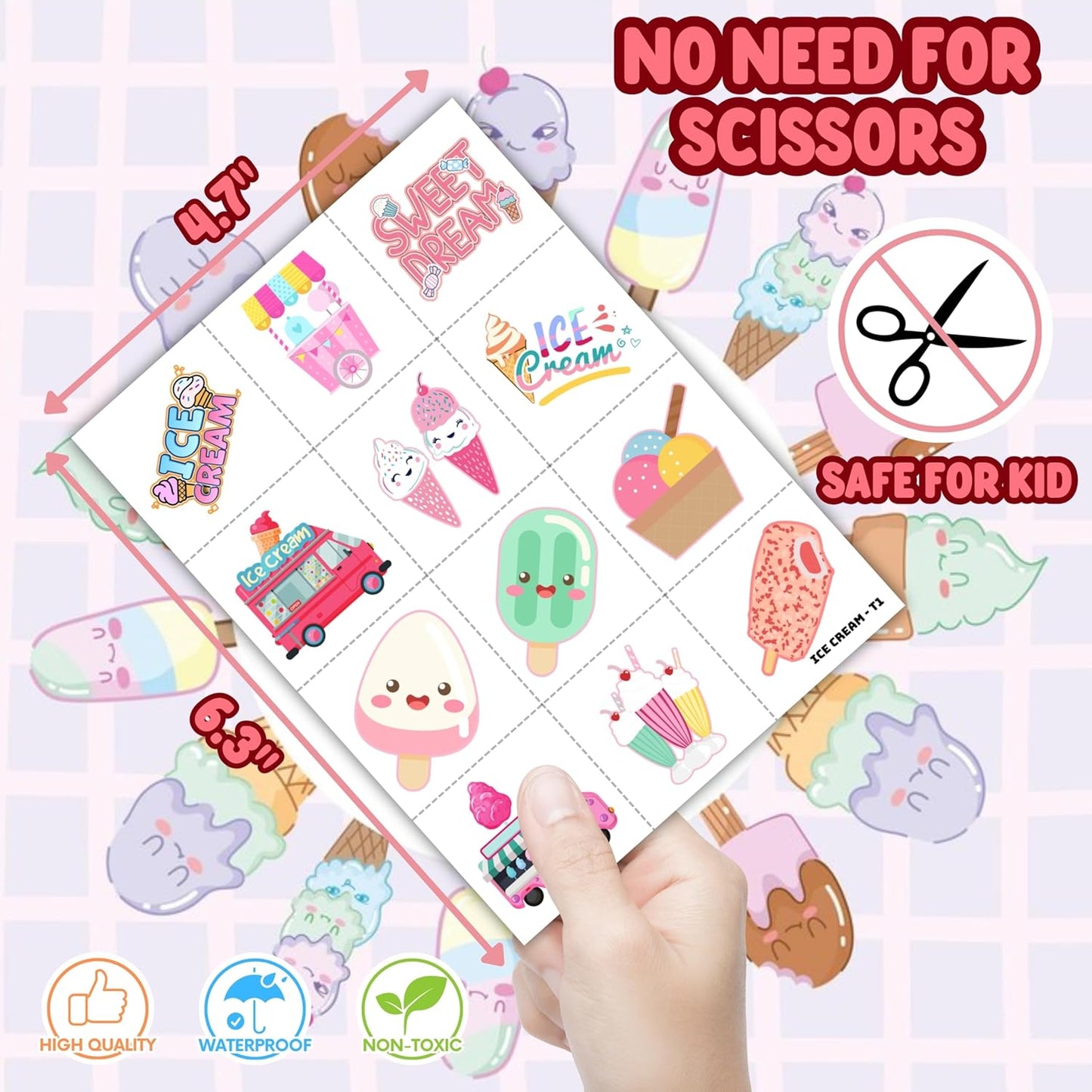 96PCS Ice Cream Temporary Tattoos for Kids - Pre-Cut No Scissors Needed - Sweet One Birthday Party Favors, Summer Pool Party Decorations, Goodie Bag Fillers, Classroom Prizes for Girls Boys