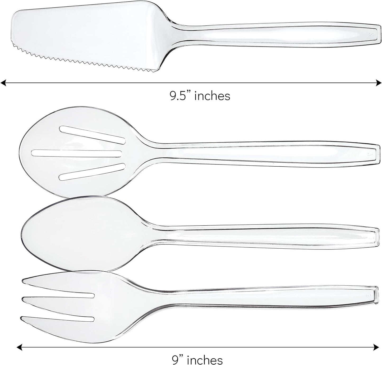 Plasticpro Disposable Plastic Serving Utensils Set of 12, 3 Spoons, 3 Forks 3 Knives, 3 Sifting Spoons, Clear Heavyweight