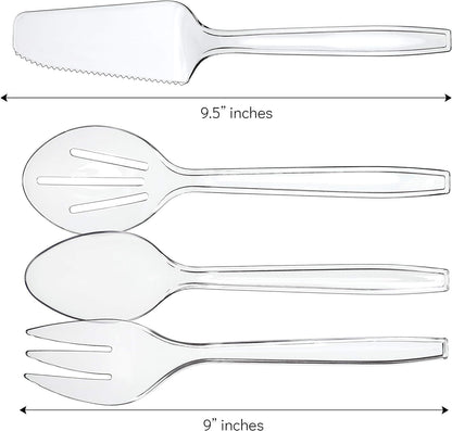 Plasticpro Disposable Plastic Serving Utensils Set of 12, 3 Spoons, 3 Forks 3 Knives, 3 Sifting Spoons, Clear Heavyweight