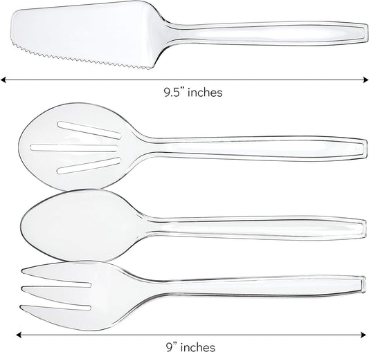 Plasticpro Disposable Plastic Serving Utensils Set of 12, 3 Spoons, 3 Forks 3 Knives, 3 Sifting Spoons, Clear Heavyweight