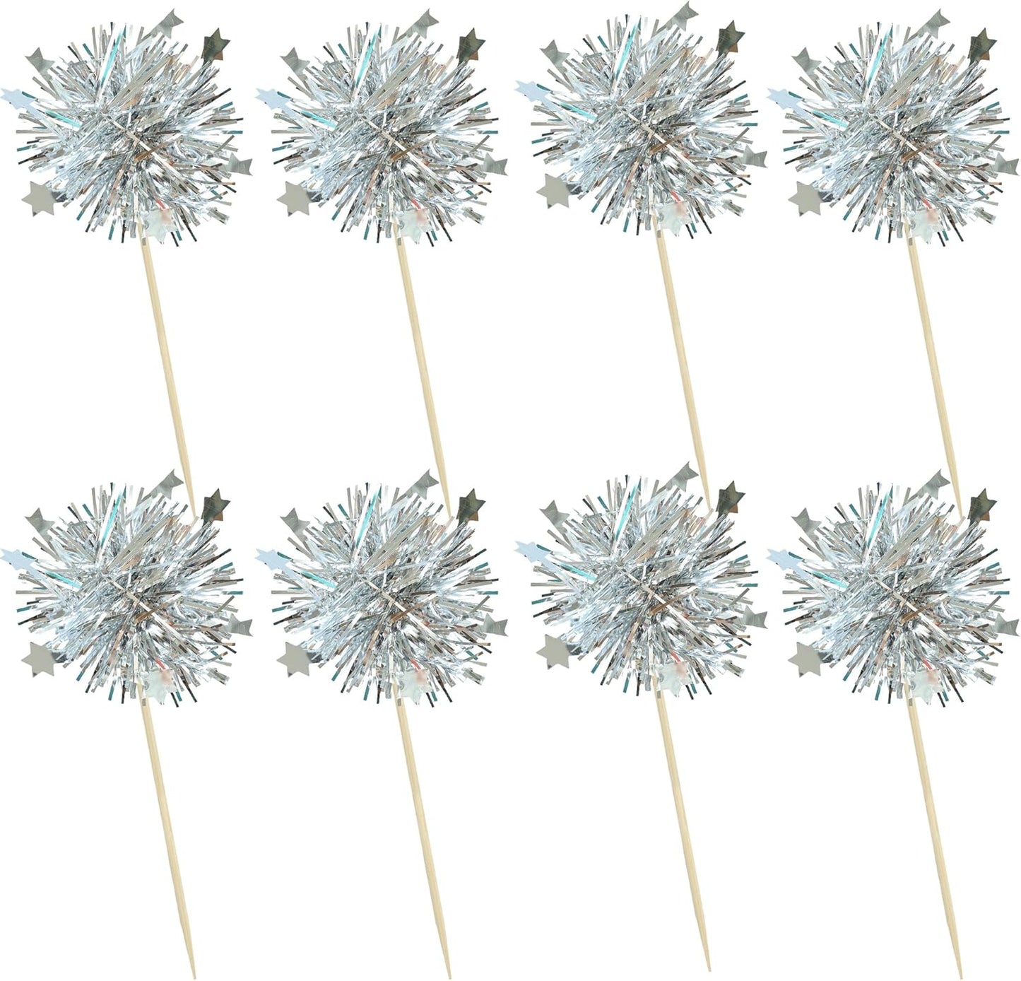 Ephlyn 30Pcs Foil Firework Cupcake Toppers Sparkle Tinsel Cupcake Picks Drink Stirrers Cocktail Food Fruit Toothpicks for Baby Shower Graduation Party Supplies White