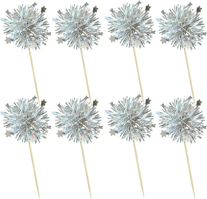 Ephlyn 30Pcs Foil Firework Cupcake Toppers Sparkle Tinsel Cupcake Picks Drink Stirrers Cocktail Food Fruit Toothpicks for Baby Shower Graduation Party Supplies White