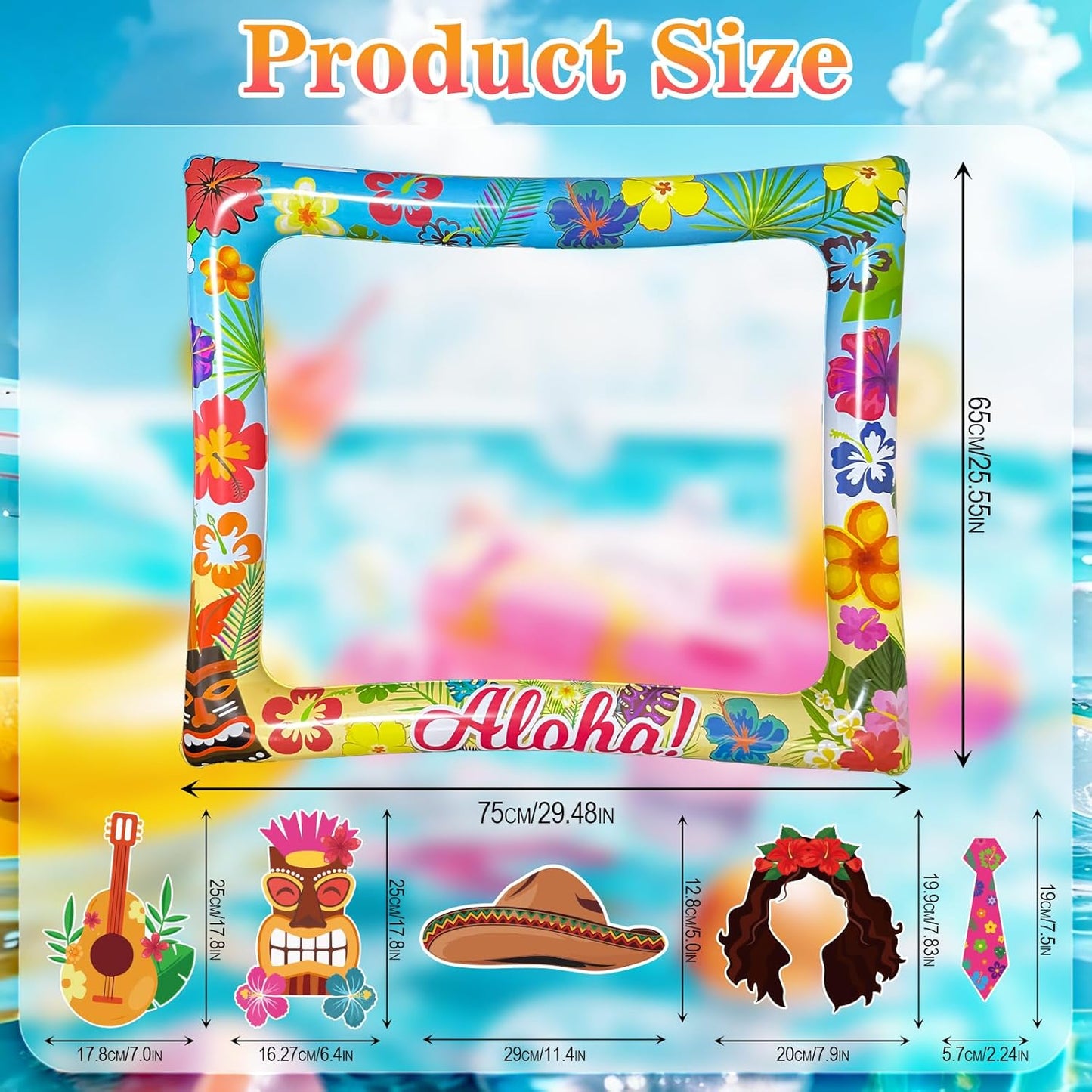 Hawaiian Photo Booth Props & Inflatable Frame, 30Pcs Luau Photobooth Props with Large Inflatable Inflatable Selfie Picture Frame for Summer Tropical Aloha Luau Party Selfie Supplies