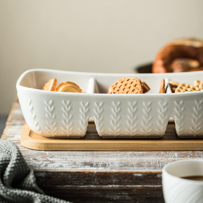 Miamolo 3 Compartment Condiment Tray, Chip and Dip Bowl with Wooden Serving Tray, Perfect for Snacks, Appetizers, Charcuterie, Chips, Candy, 10-inch Chip and Dip Serving Set for Parties