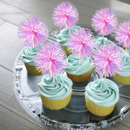 Ephlyn 30Pcs Foil Firework Cupcake Toppers Sparkle Tinsel Cupcake Picks Drink Stirrers Cocktail Food Fruit Toothpicks for Baby Shower Graduation Party Supplies White