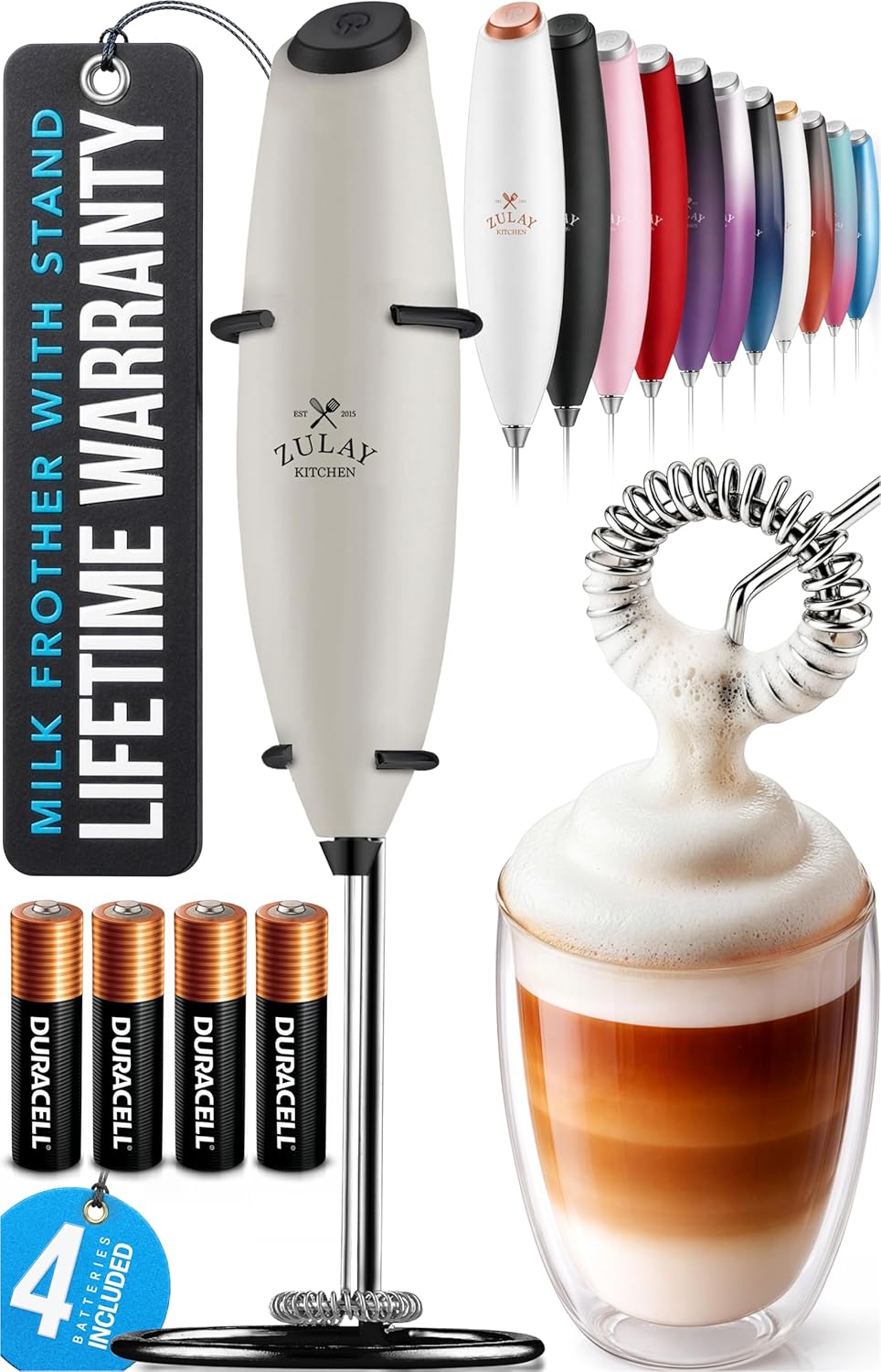 Zulay Kitchen Powerful Milk Frother Wand With Duracell Batteries - Ultra Fast Handheld Drink Mixer - Electric Whisk Foam Maker for Coffee, Lattes, Cappuccino & Matcha - Z1 Motor - Black - Colors B