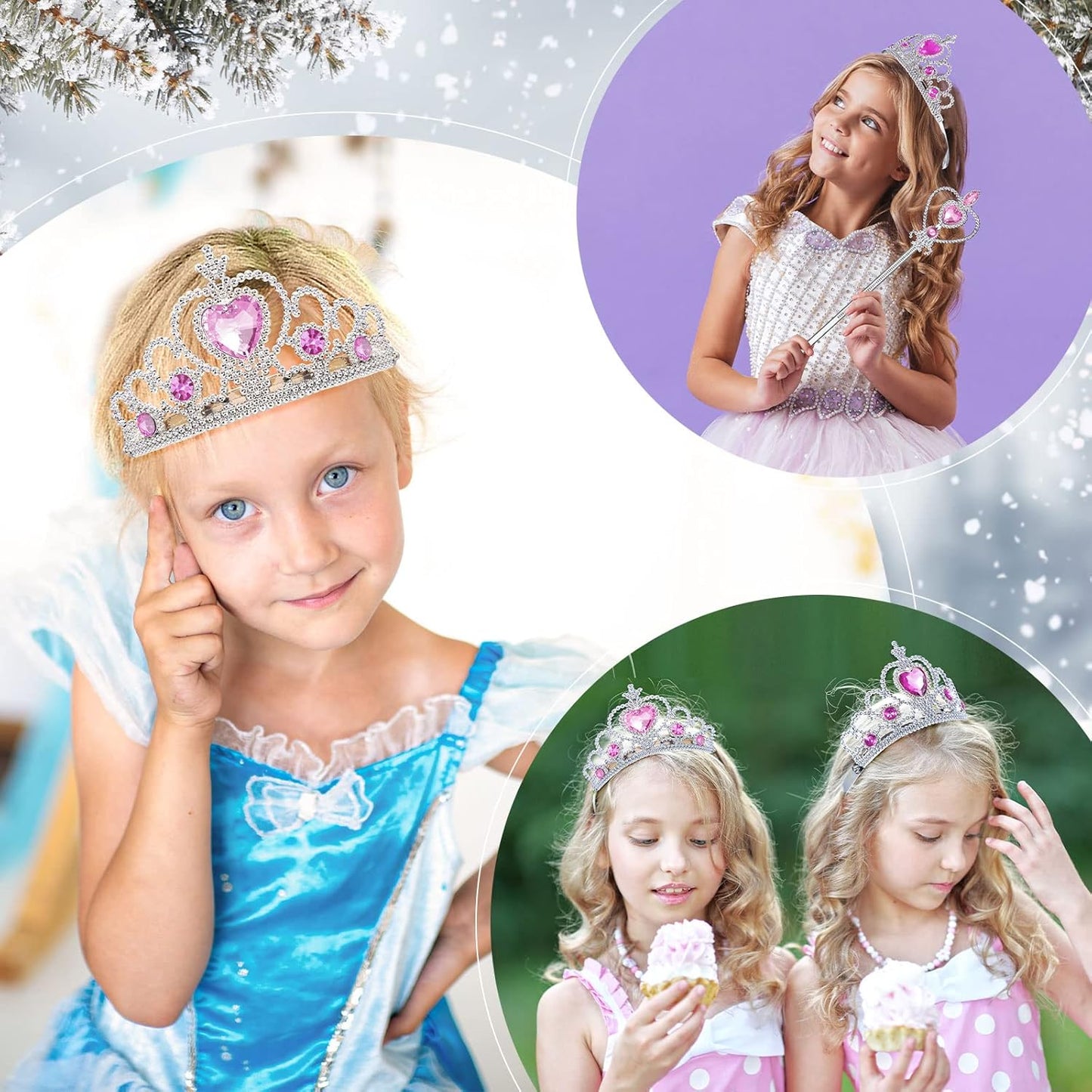Chalyna 12 Pcs Princess Crowns Tiara Wand for Little Girl Silver Heart Jewel Plastic Tiara Winter Gift for Birthday(Pink,Heart Style)