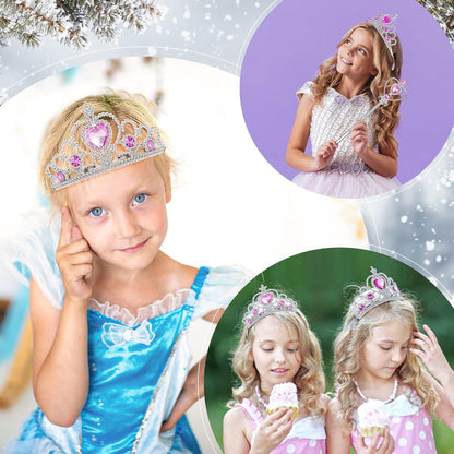 Chalyna 12 Pcs Princess Crowns Tiara Wand for Little Girl Silver Heart Jewel Plastic Tiara Winter Gift for Birthday(Pink,Heart Style)
