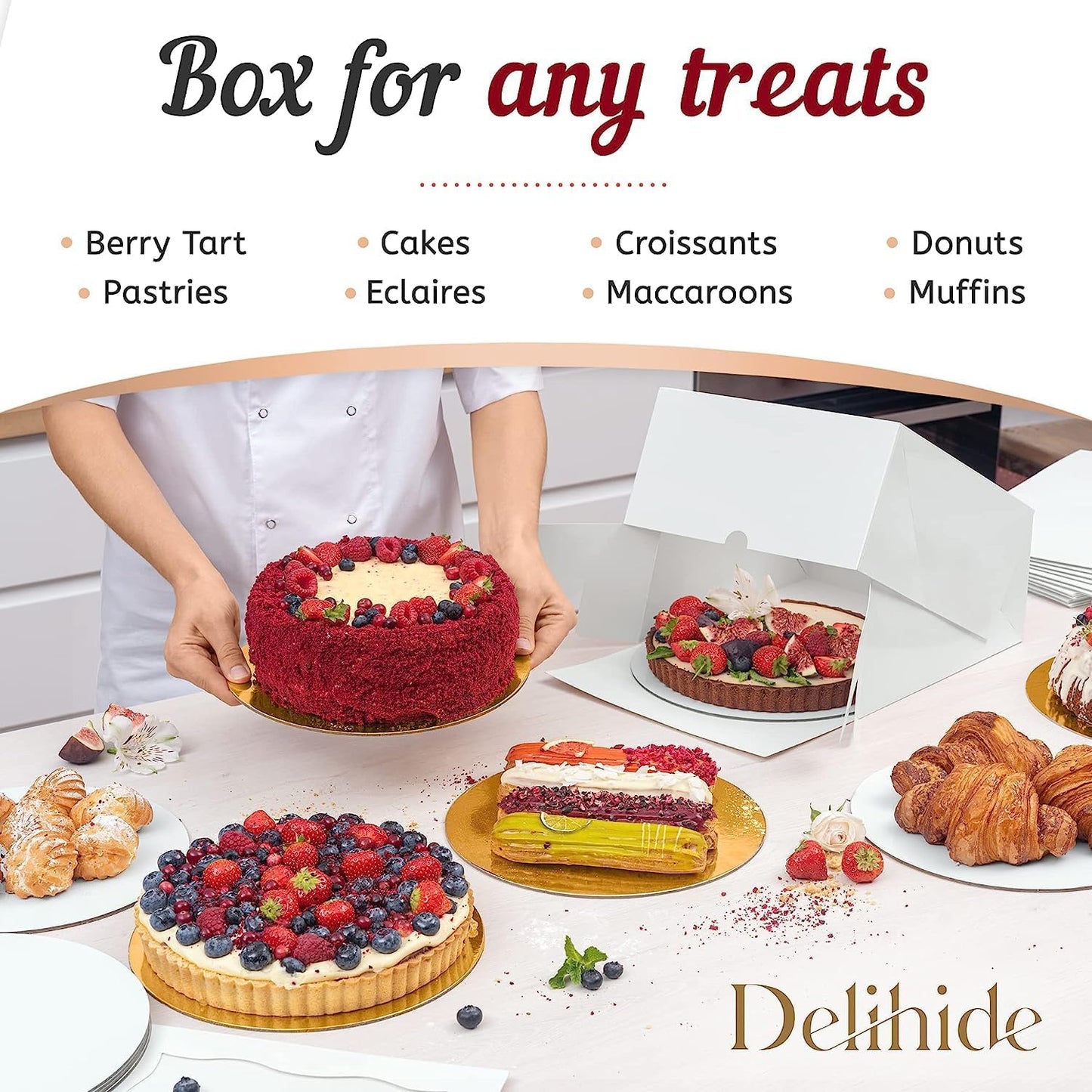 Premium Cake Boxes with Cake Boards Set - 12 Front-Loading Sturdy Cardboard Cake Boxes 10", 12 White/Gold Greaseproof Boards 10 Inch - Window Cake Box Set