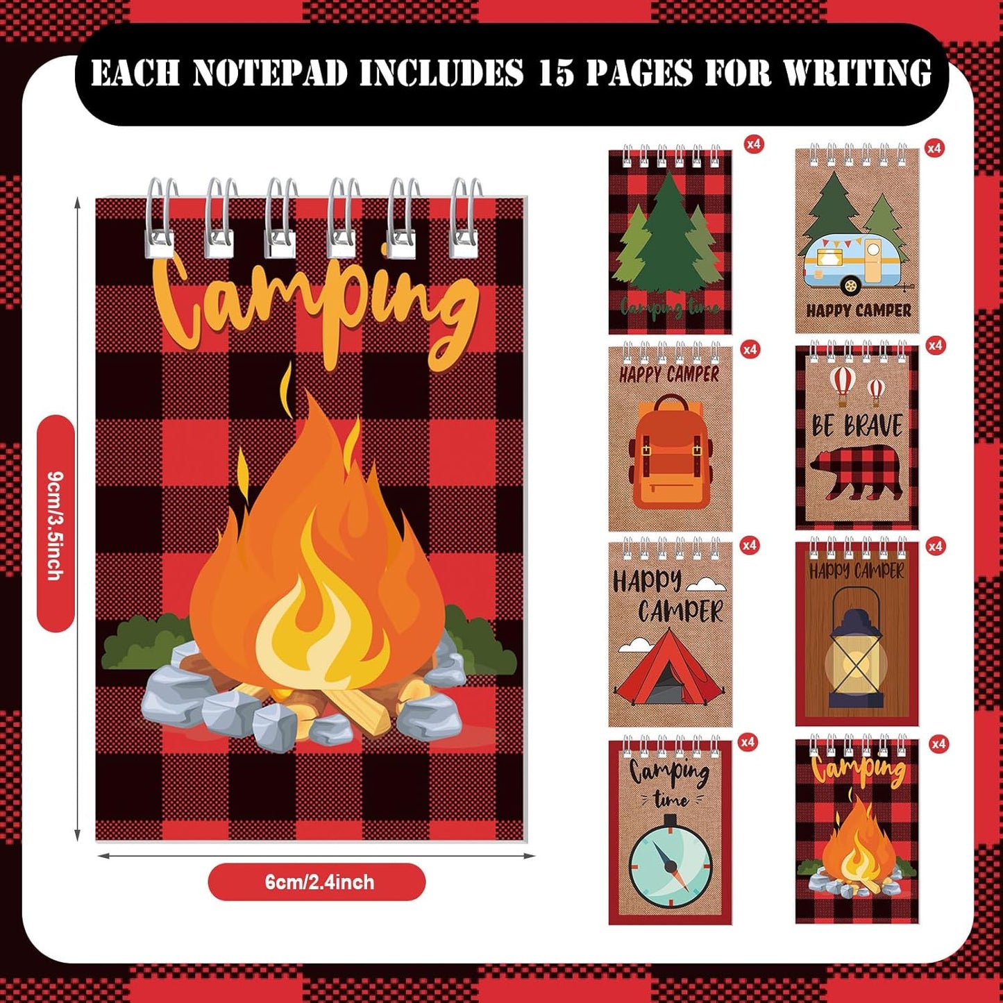 Eaasty 32 Pack Camp Adventure Theme Tiny Notepads Mini Spiral Notebook Camping Journal Pocket Notebook for Camping Party Favors Writing Drawing Note Taking, 2.4 x 3.5 Inch