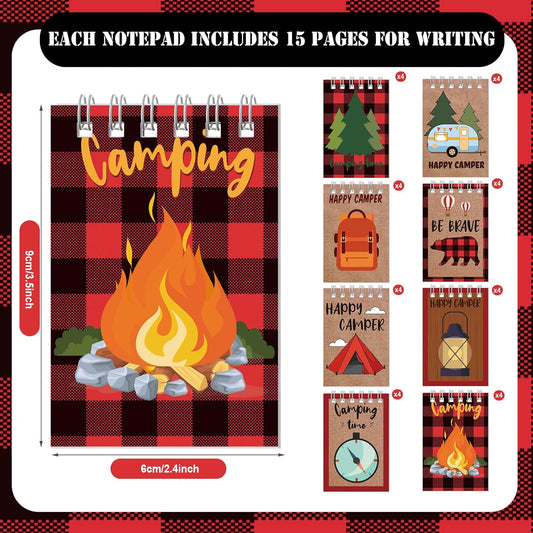 Eaasty 32 Pack Camp Adventure Theme Tiny Notepads Mini Spiral Notebook Camping Journal Pocket Notebook for Camping Party Favors Writing Drawing Note Taking, 2.4 x 3.5 Inch