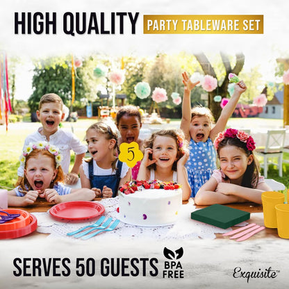 350 Pcs Black Plastic Plates For Party, Black Disposable Plates Set, 50 Of Each 9" Dinner Plate Set, 7" Dessert Plate, Cups, Napkins & Cutlery Plastic Dinnerware Set Exquisite