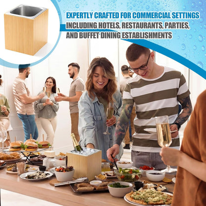Ice Housing Bin with Removable Tray Ice Holder Container Wine Beer Champagne Drink Bucket Beverage Tub for Freezer Display Buffet Bar Counter Party Drink Chiller(Bamboo and Steel,21" X 13" X 5.5")