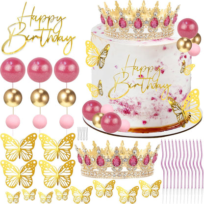 Crown Cake Topper, Balls Happy Birthday Cake Topper Pink Crown Birthday Candles Gold Butterflies, Corona Para Pastel, Cake Decorations for Birthday Wedding (Gold, Pink)