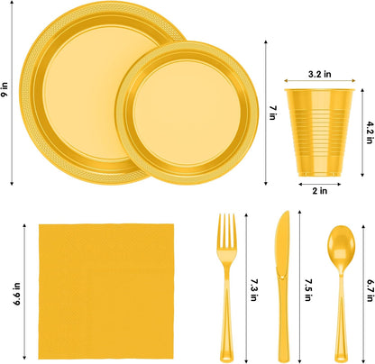 350 Pcs Black Plastic Plates For Party, Black Disposable Plates Set, 50 Of Each 9" Dinner Plate Set, 7" Dessert Plate, Cups, Napkins & Cutlery Plastic Dinnerware Set Exquisite