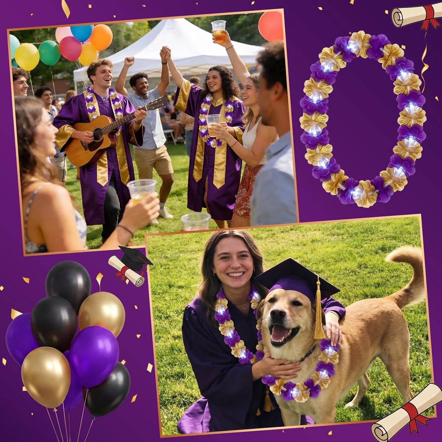 Sherr 24 Pcs LED Leis Light Up Purple and Gold Hawaiian Flower Necklaces, Graduation 2026 Party Supplies, Class of 2026 Leis for Beach Wedding Luau Glow Party Favors