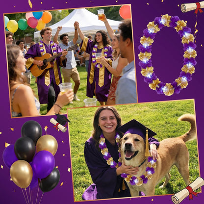 Sherr 24 Pcs LED Leis Light Up Purple and Gold Hawaiian Flower Necklaces, Graduation 2026 Party Supplies, Class of 2026 Leis for Beach Wedding Luau Glow Party Favors