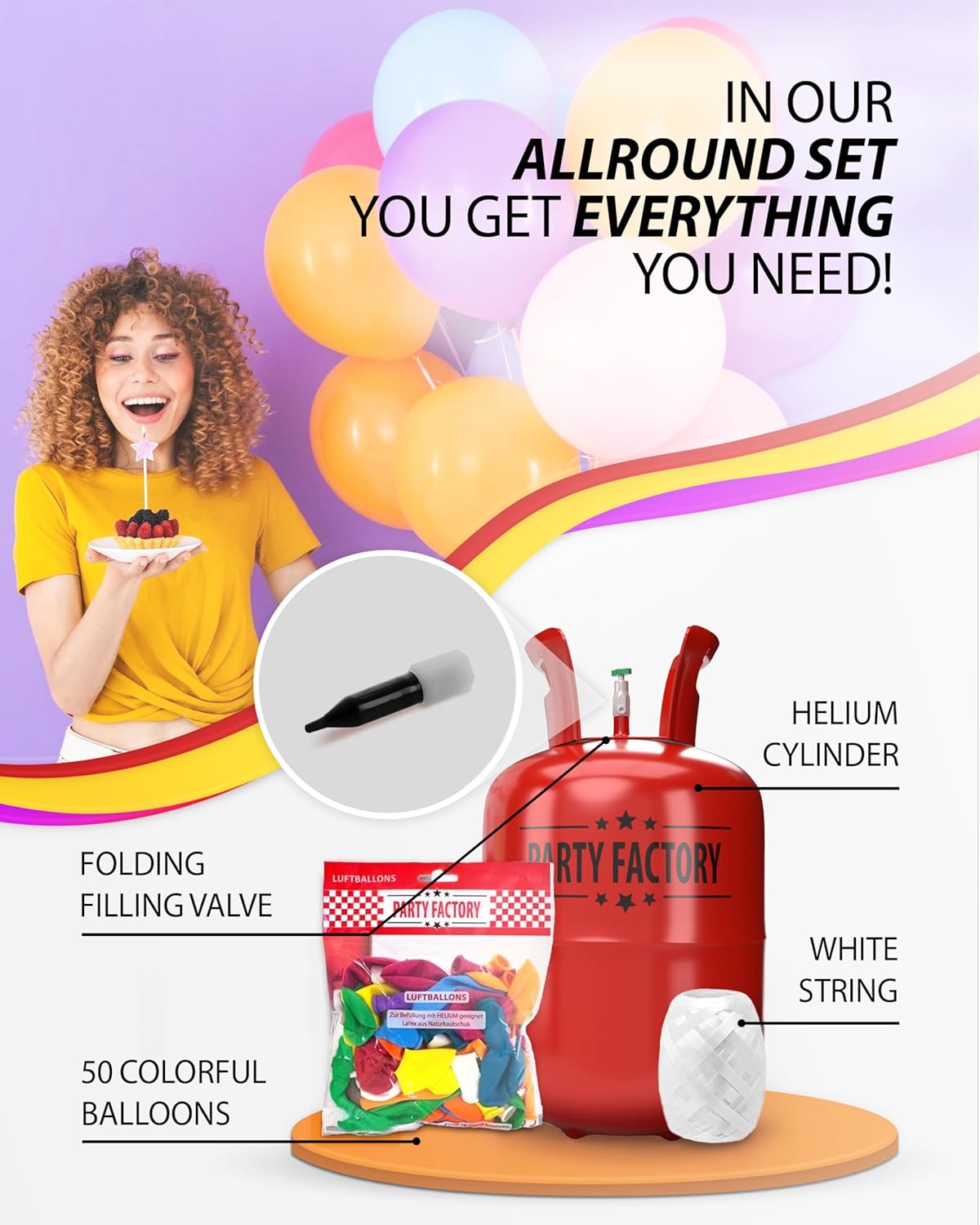 Party Factory Helium bottle for up to 50 Balloons incl. Latexballoons, Helium Cylinder 14 cu. ft. Gas with filling quantity for Balloons, Ideal for Party, Events